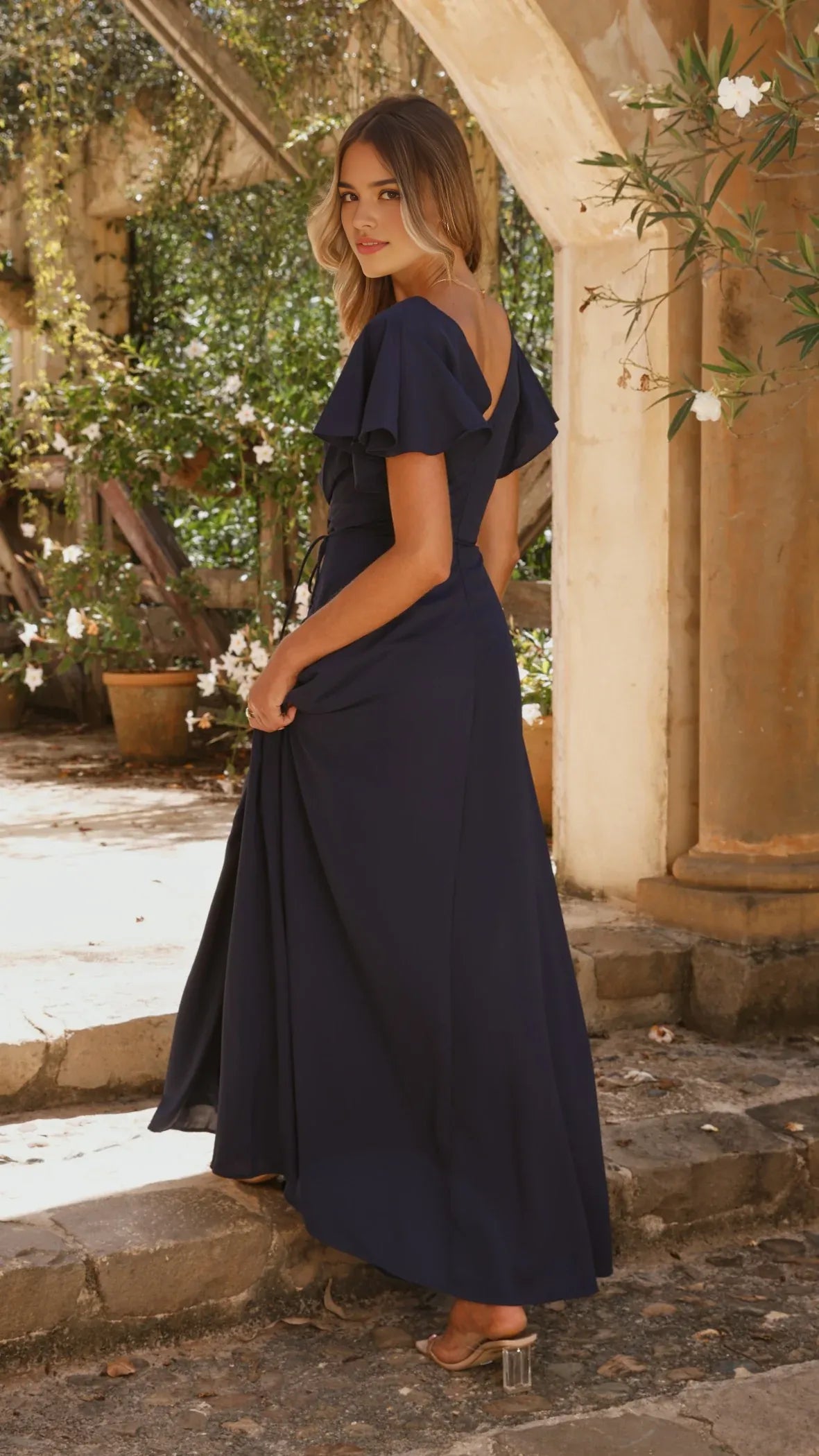 Elegant Navy Blue V - Neck Flutter Sleeve Prom Dress with Side Slit and Waist Tie Perfect for Sophisticated Evening Occasions