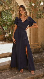 Elegant Navy Blue V - Neck Flutter Sleeve Prom Dress with Side Slit and Waist Tie Perfect for Sophisticated Evening Occasions