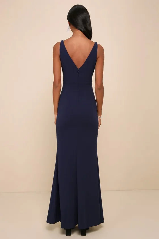 Elegant Navy Blue V - Neck Sleeveless Mermaid  Cut Maxi Prom Dresses Perfect for Prom Formal Balls and Special