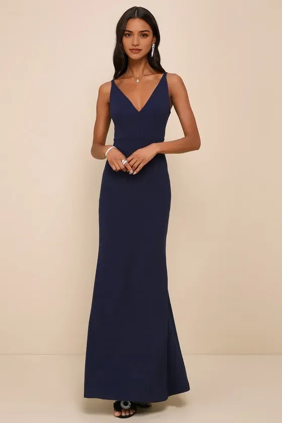 Elegant Navy Blue V - Neck Sleeveless Mermaid  Cut Maxi Prom Dresses Perfect for Prom Formal Balls and Special