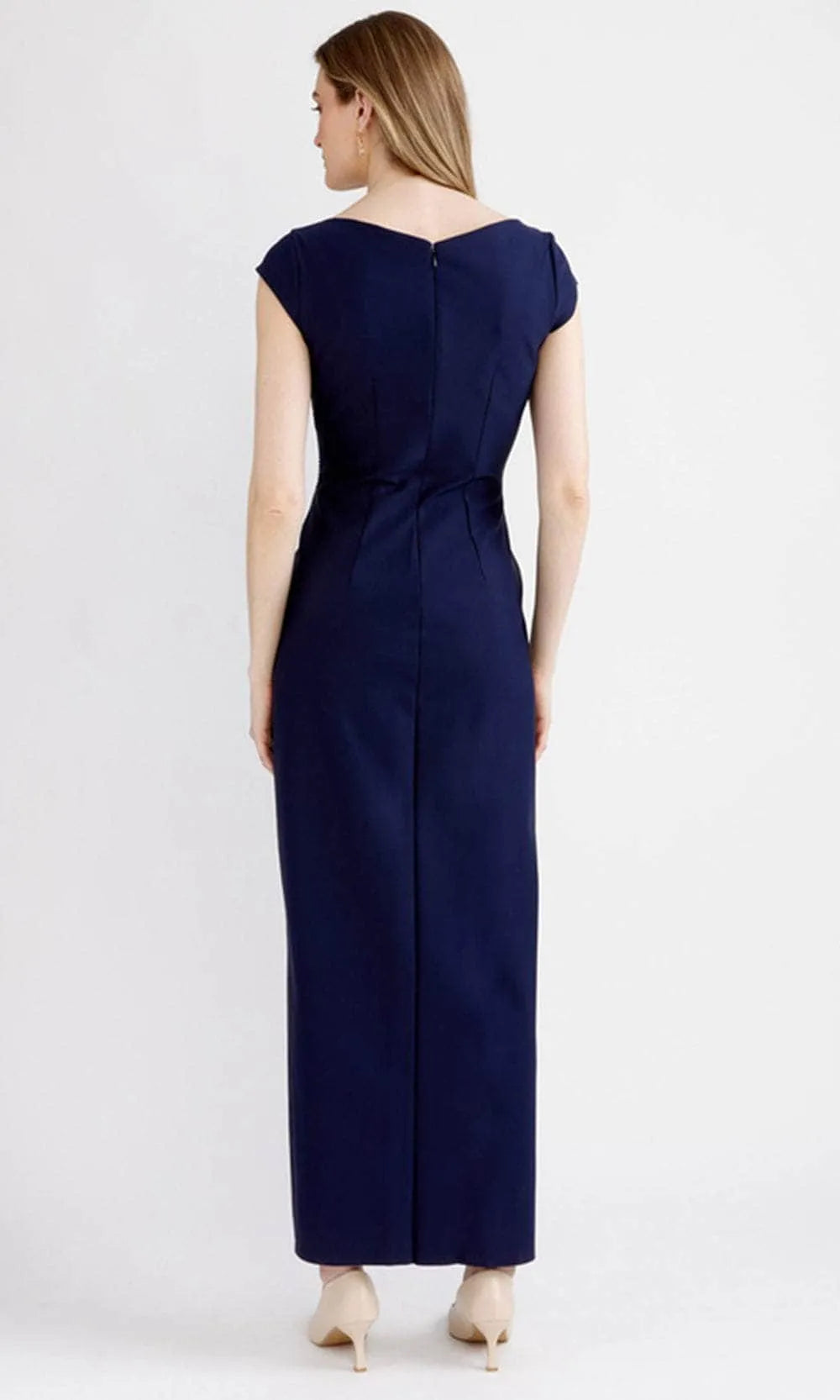 Elegant Navy Blue V Neck Evening Dress with Draped Bodice and Cap Sleeves for Formal Occasions