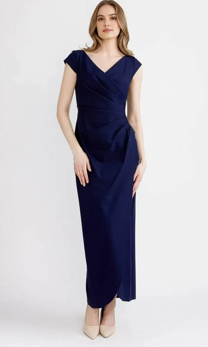 Elegant Navy Blue V Neck Evening Dress with Draped Bodice and Cap Sleeves for Formal Occasions