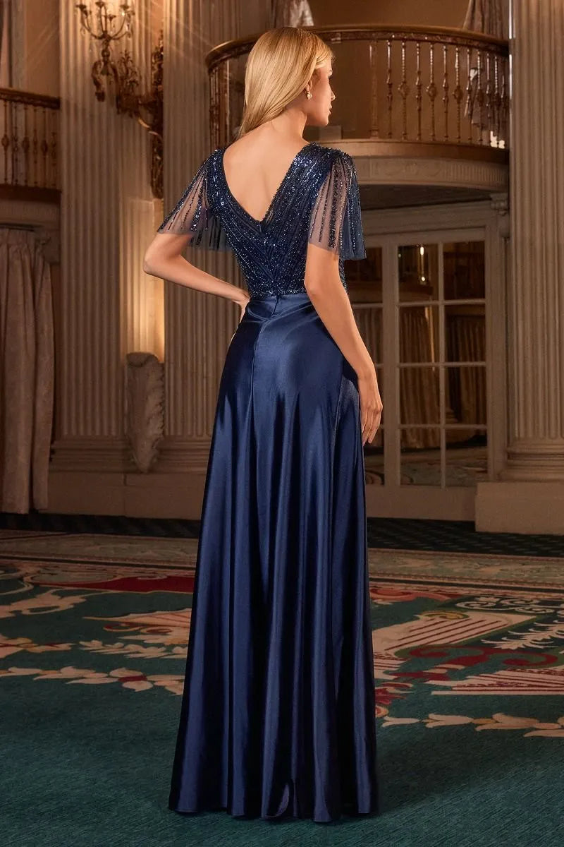 Elegant Navy Blue Velvet Prom Dress with Sequin Embellished V Neck Bodice and Flared Sleeves for Formal Galas