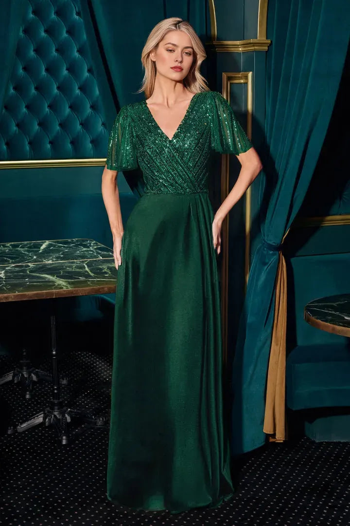 Elegant Navy Blue Velvet Prom Dress with Sequin Embellished V Neck Bodice and Flared Sleeves for Formal Galas