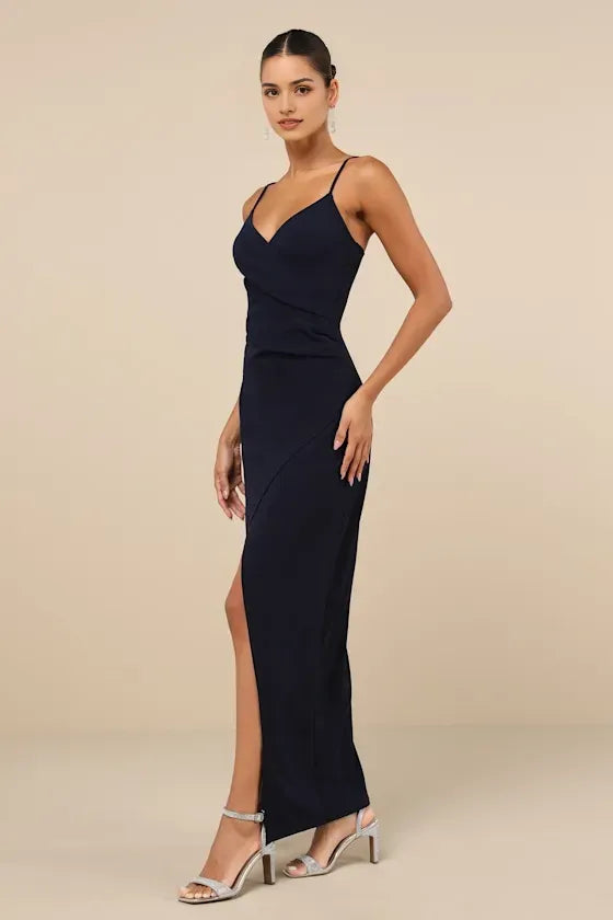 Elegant Navy Blue Wrap Front Spaghetti Strap Prom Dresses with Side Slit deal for Proms Balls and Glamorous Galas Flattering