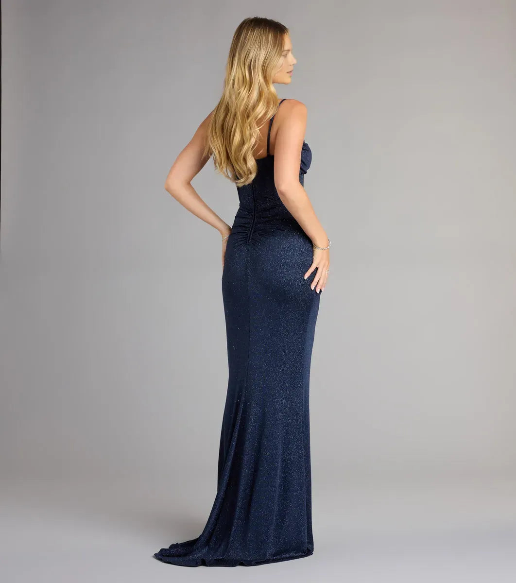 Elegant Navy Mermaid Sweetheart Neckline Spaghetti Straps Back Zip Ruched Glitter High Slit Floor-Length Prom Dresses