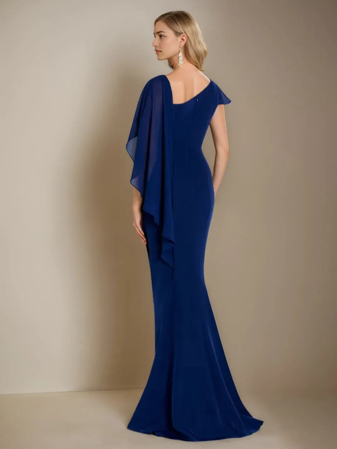 Elegant Navy Mother of the Bride Dress Chiffon Cape Sleeves Embroidered Detail  Mermaid Hem