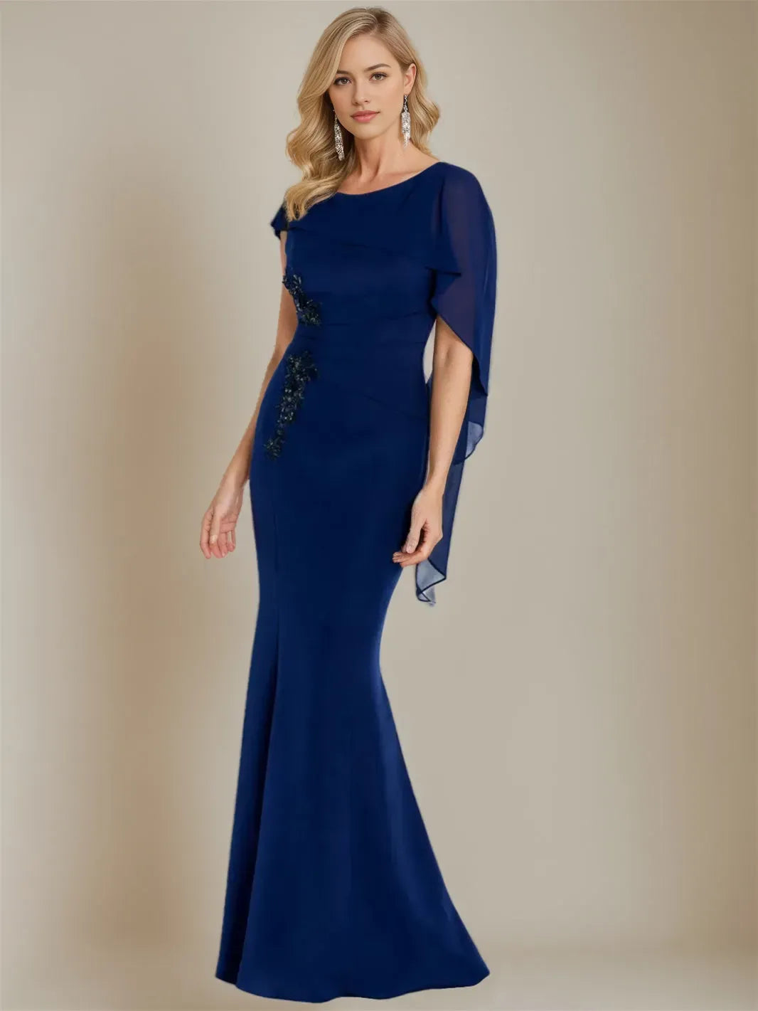 Elegant Navy Mother of the Bride Dress Chiffon Cape Sleeves Embroidered Detail  Mermaid Hem