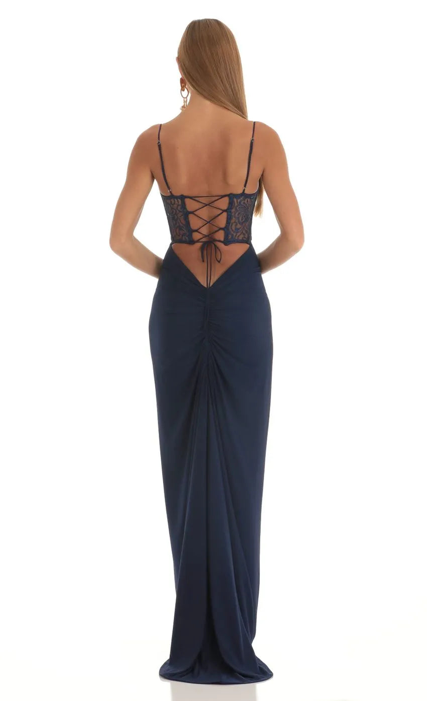 Elegant Navy Prom Dresses featuring Spaghetti Straps Sheer Floral Lace Midsection Sweetheart Neckline