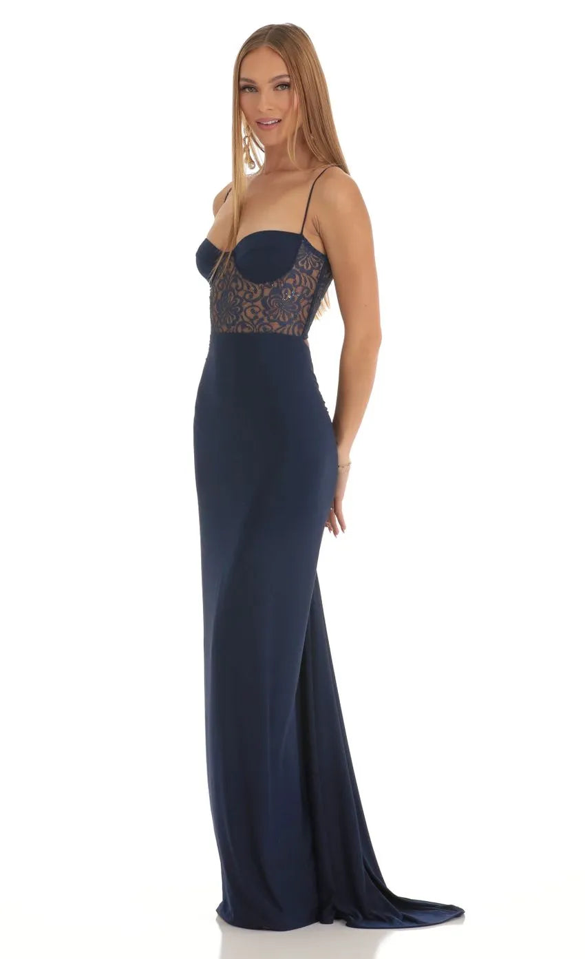 Elegant Navy Prom Dresses featuring Spaghetti Straps Sheer Floral Lace Midsection Sweetheart Neckline