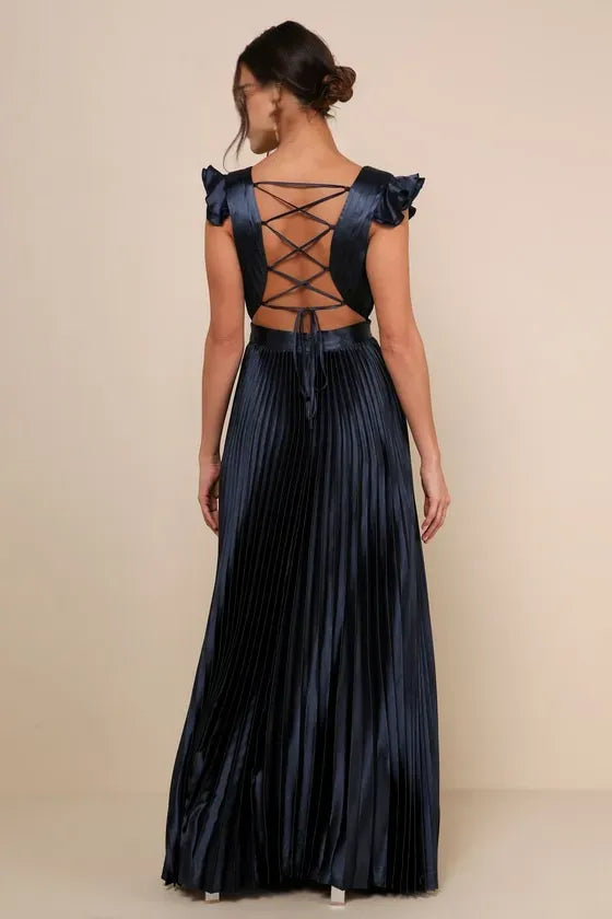 Elegant Navy Satin Evening Dress with Deep V - Neck Ruffle Detailing and Pleated Silhouette  Perfect for Old  Hollywood Glam Events