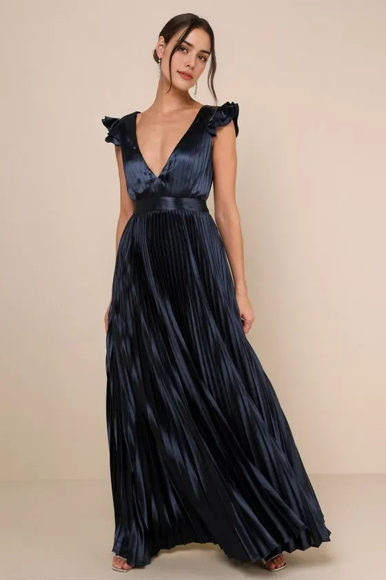 Elegant Navy Satin Evening Dress with Deep V - Neck Ruffle Detailing and Pleated Silhouette  Perfect for Old  Hollywood Glam Events