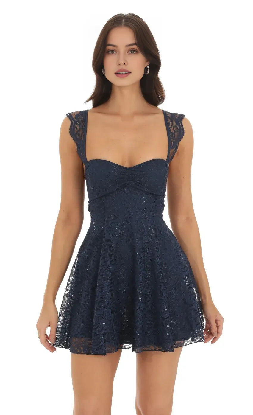 Elegant Navy Sequin Embellished Homecoming Dresses Sweetheart Neck Flared Silhouette Your Go To for Confident Homecoming Glamour