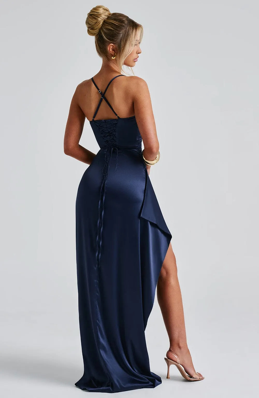 Elegant Navy Sheath Satin Twist Cowl Neck Spaghetti Strap Crisscross Back Lace Up Back High - Slit Floor - Length Prom Dresses