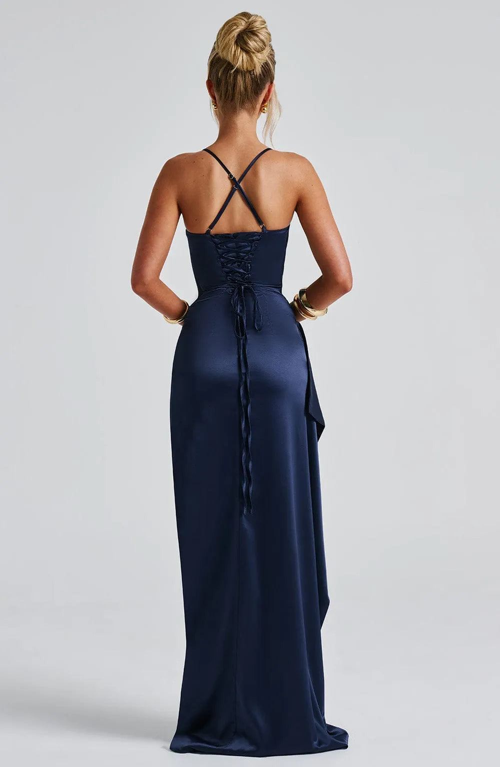 Elegant Navy Sheath Satin Twist Cowl Neck Spaghetti Strap Crisscross Back Lace Up Back High - Slit Floor - Length Prom Dresses