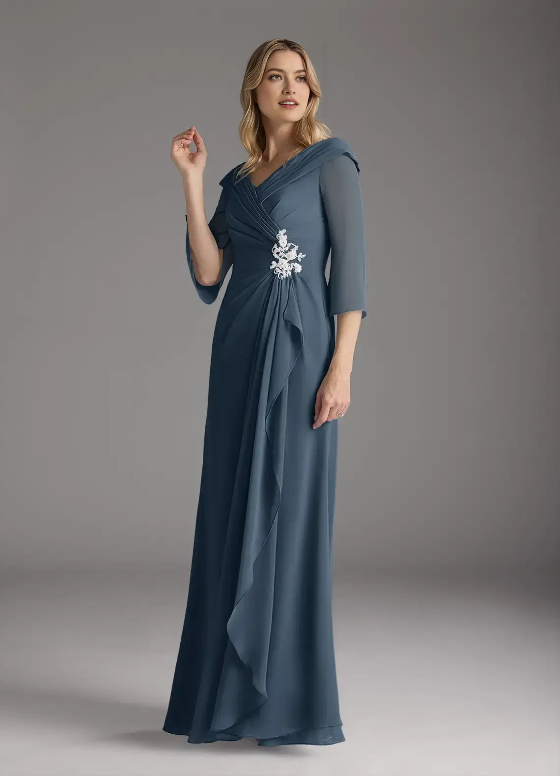 Elegant Neptune A-Line Chiffon Mother of the Bride Dress Surplice V - Neck Sheer Chiffon 3/4 Sleeves Draped Ruched Detailing Embroidered Floral Accent