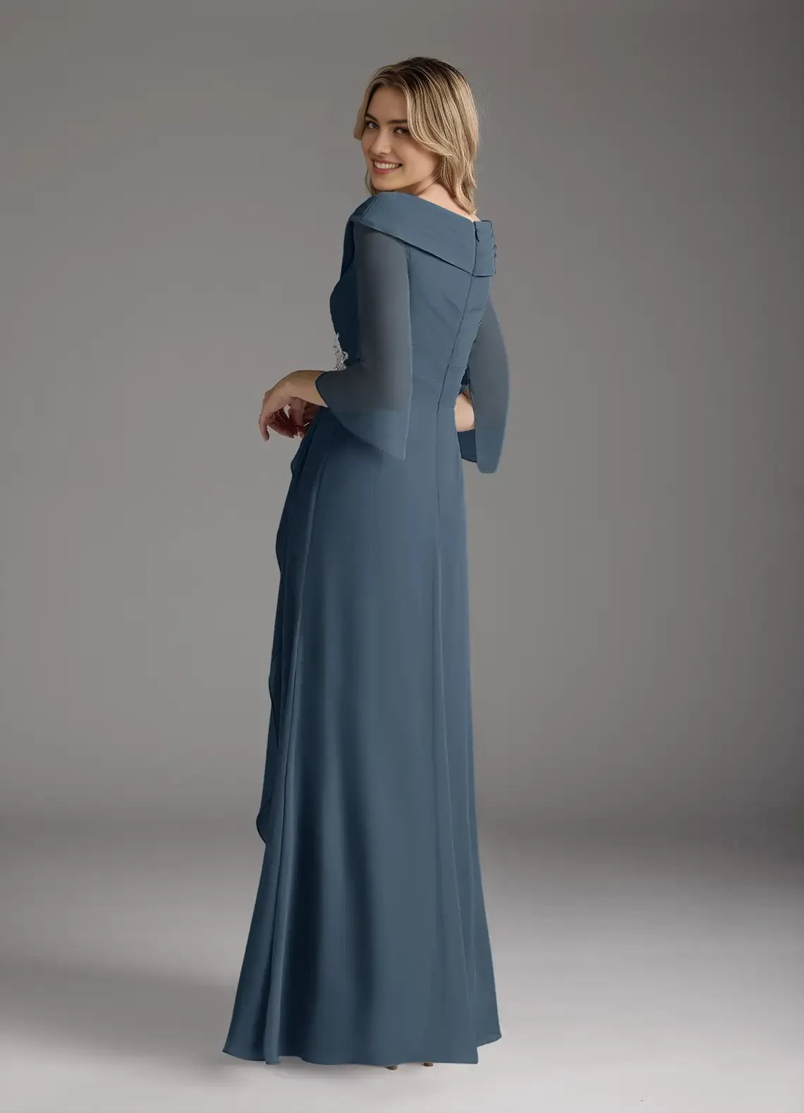 Elegant Neptune A-Line Chiffon Mother of the Bride Dress Surplice V - Neck Sheer Chiffon 3/4 Sleeves Draped Ruched Detailing Embroidered Floral Accent