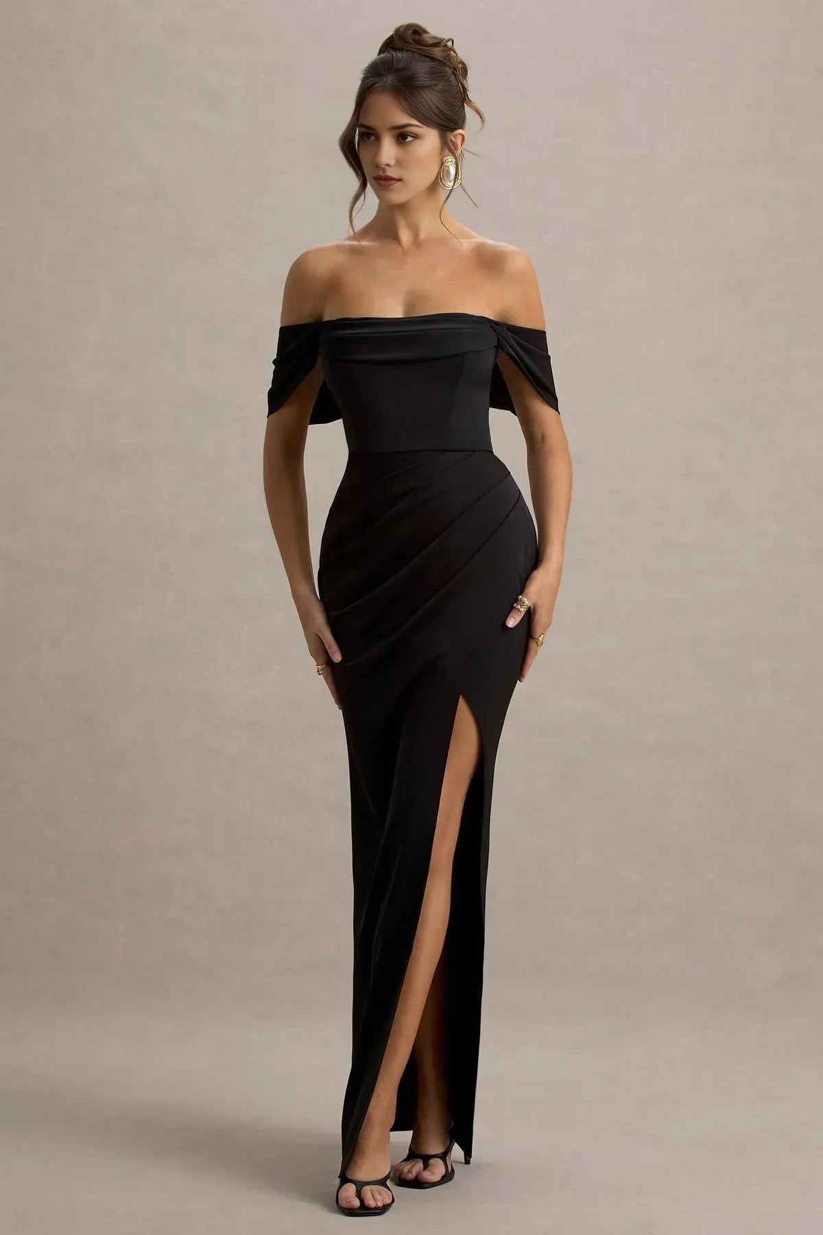 Elegant Off - Shoulder Black Satin Prom Dresses with Draped Sleeves Ruched Detailing and High Side Slit  Perfect for Proms Galas and Formal ﻿