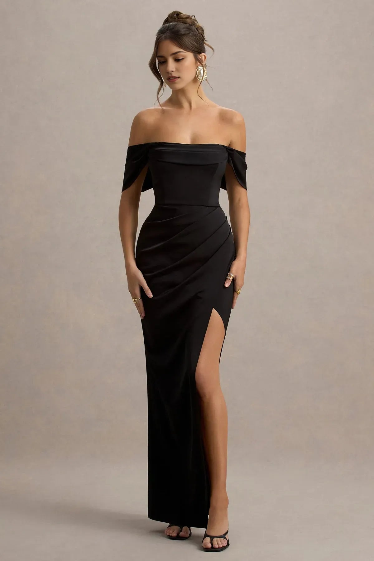 Elegant Off - Shoulder Black Satin Prom Dresses with Draped Sleeves Ruched Detailing and High Side Slit  Perfect for Proms Galas and Formal ﻿