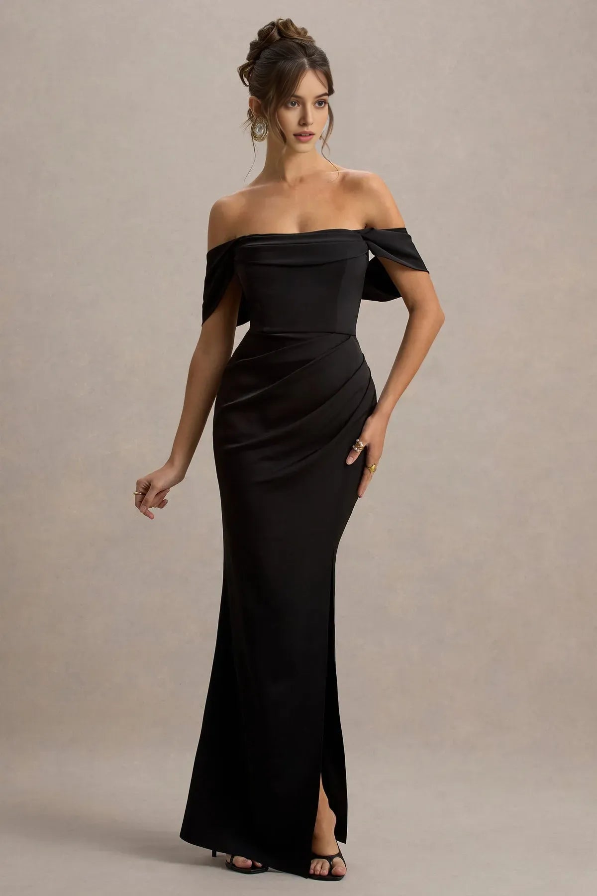 Elegant Off - Shoulder Black Satin Prom Dress with Draped Sleeves and Side Slit Perfect for Formal Evening Events