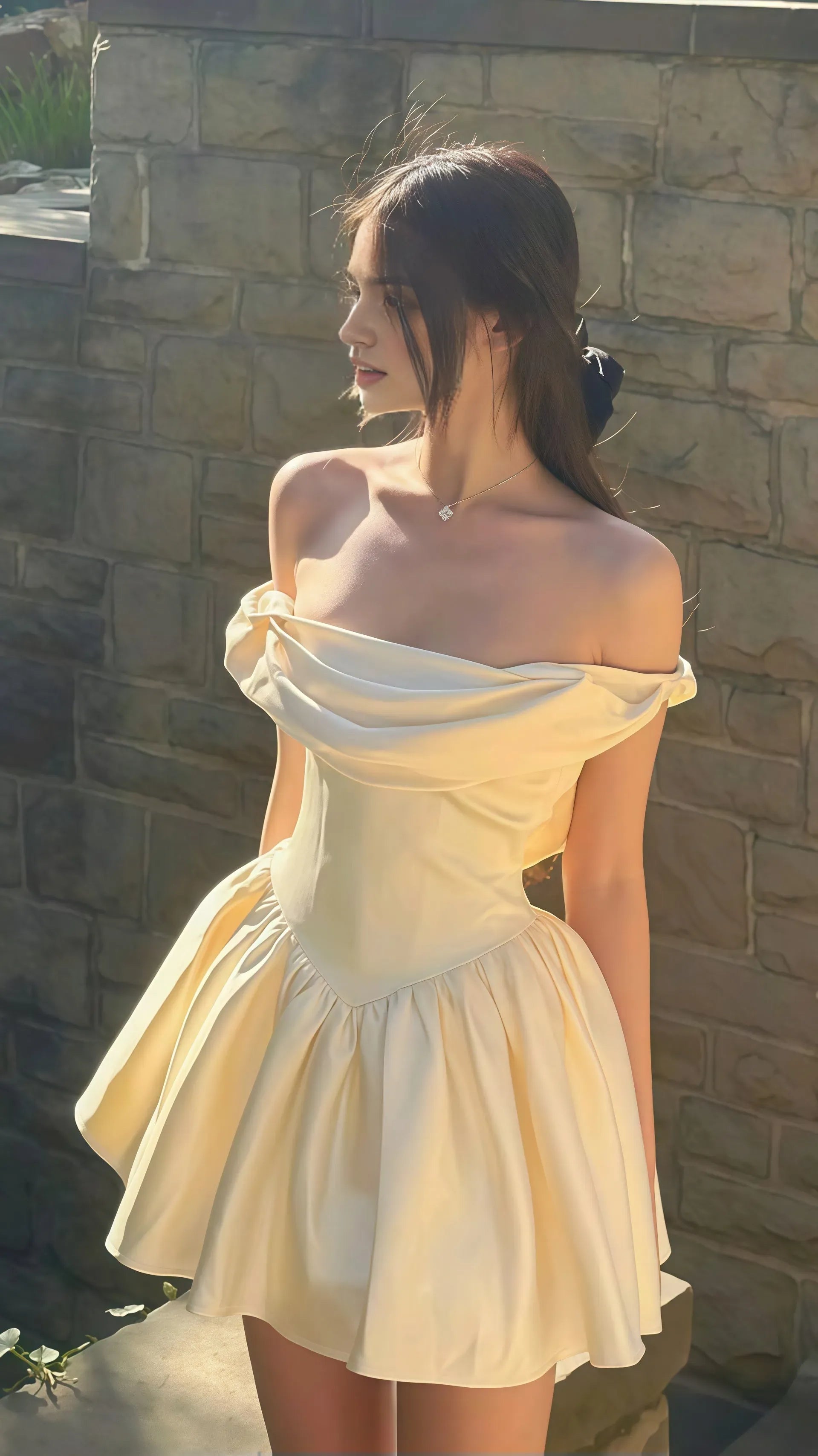 Elegant Off - Shoulder Cowl Neck Homecoming Dress Ivory A-line Satin Corset Mini Gown with Flared Skirt