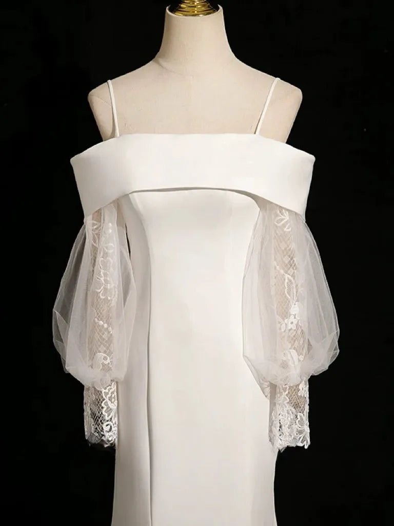 Elegant Off - Shoulder Satin Wedding Dress with Sheer Lace Lantern Sleeves Mermaid Silhouette and Minimalist Design for Modern Brides