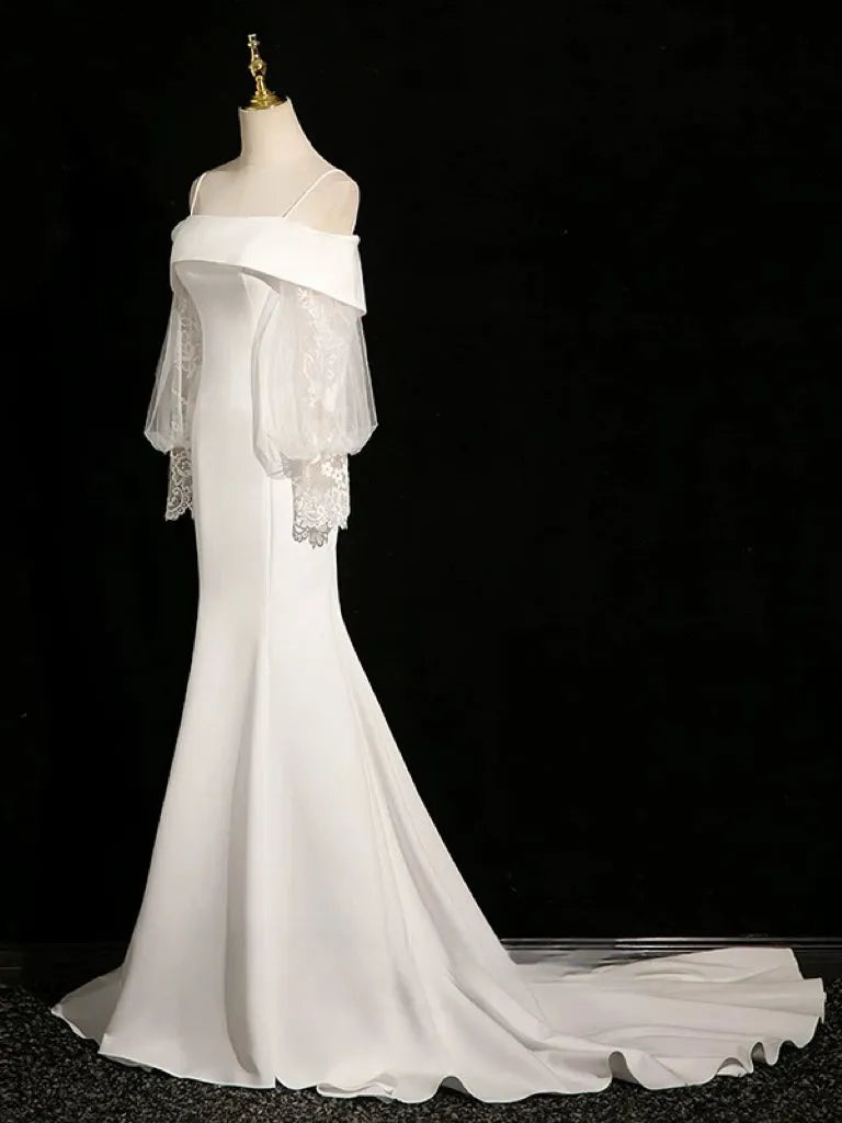 Elegant Off - Shoulder Satin Wedding Dress with Sheer Lace Lantern Sleeves Mermaid Silhouette and Minimalist Design for Modern Brides