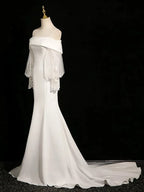 Elegant Off - Shoulder Satin Wedding Dress with Sheer Lace Lantern Sleeves Mermaid Silhouette and Minimalist Design for Modern Brides
