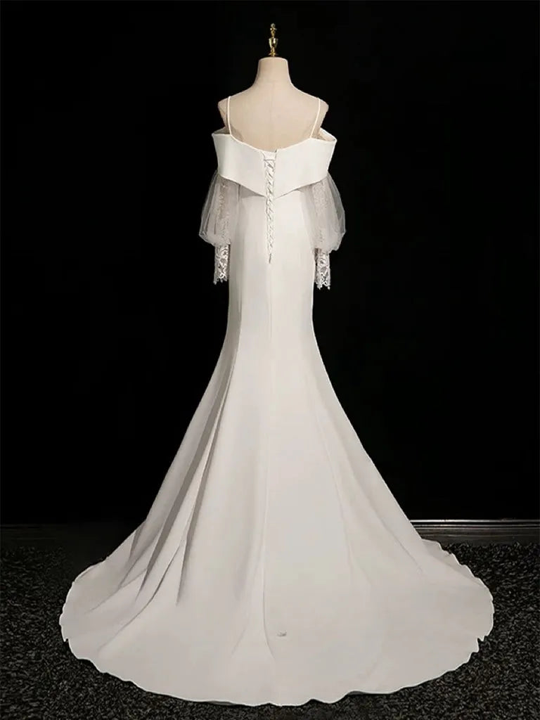 Elegant Off - Shoulder Satin Wedding Dress with Sheer Lace Lantern Sleeves Mermaid Silhouette and Minimalist Design for Modern Brides