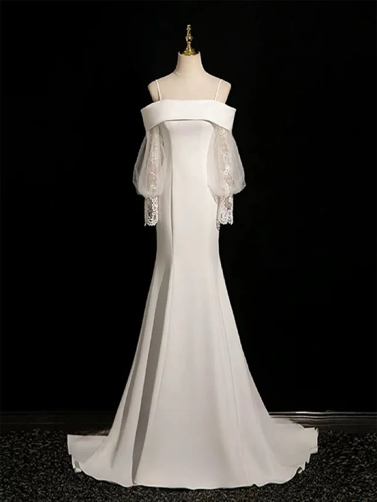 Elegant Off - Shoulder Satin Wedding Dress with Sheer Lace Lantern Sleeves Mermaid Silhouette and Minimalist Design for Modern Brides