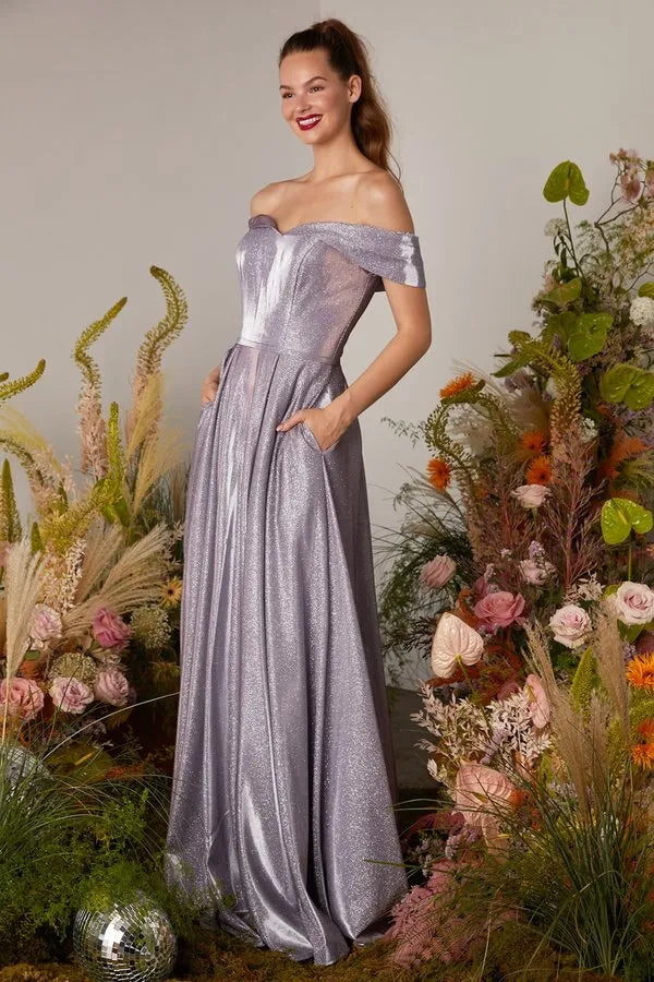 Elegant Off - Shoulder Shimmering Lilac Prom Gown  A Perfect Blend of Glamour and Functionality for Memorable Ballroom Nights