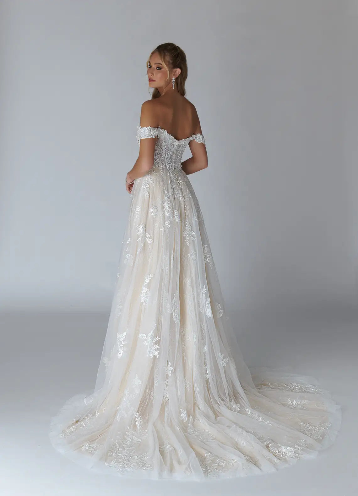 Elegant Off -Shoulder Wedding Dress Sheer Tulle Skirt Intricate Lace Embroidery, Sweetheart Neckline  Fit and Flare Silhouette for Romantic Weddings