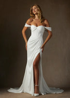 Elegant Off - Shoulder White Mermaid Strapless Satin Wedding Dress Ruched Bodice High Slit Corset Detailing Train