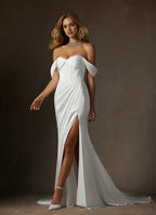 Elegant Off - Shoulder White Mermaid Strapless Satin Wedding Dress Ruched Bodice High Slit Corset Detailing Train