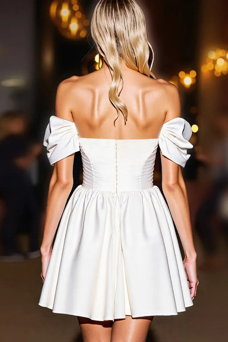 Elegant Off - Shoulder White Satin Homecoming Dress with Bow - Detailed Sleeves ﻿