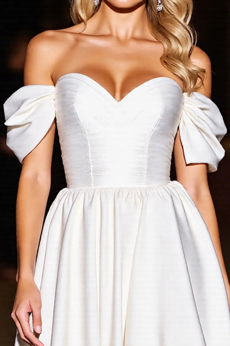 Elegant Off - Shoulder White Satin Homecoming Dress with Bow - Detailed Sleeves ﻿