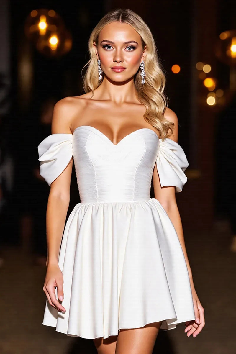 Elegant Off - Shoulder White Satin Homecoming Dress with Bow - Detailed Sleeves ﻿
