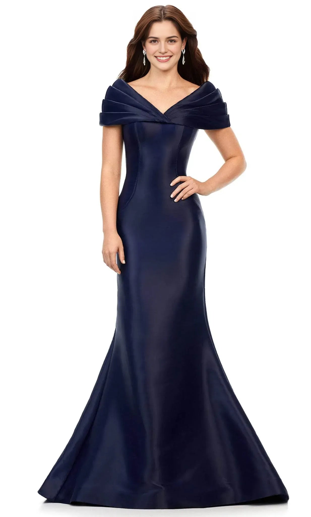 Elegant Off - Shoulder White Satin Mermaid Evening Gown with Pleated Neckline Ideal for Formal Galas and Sophisticated