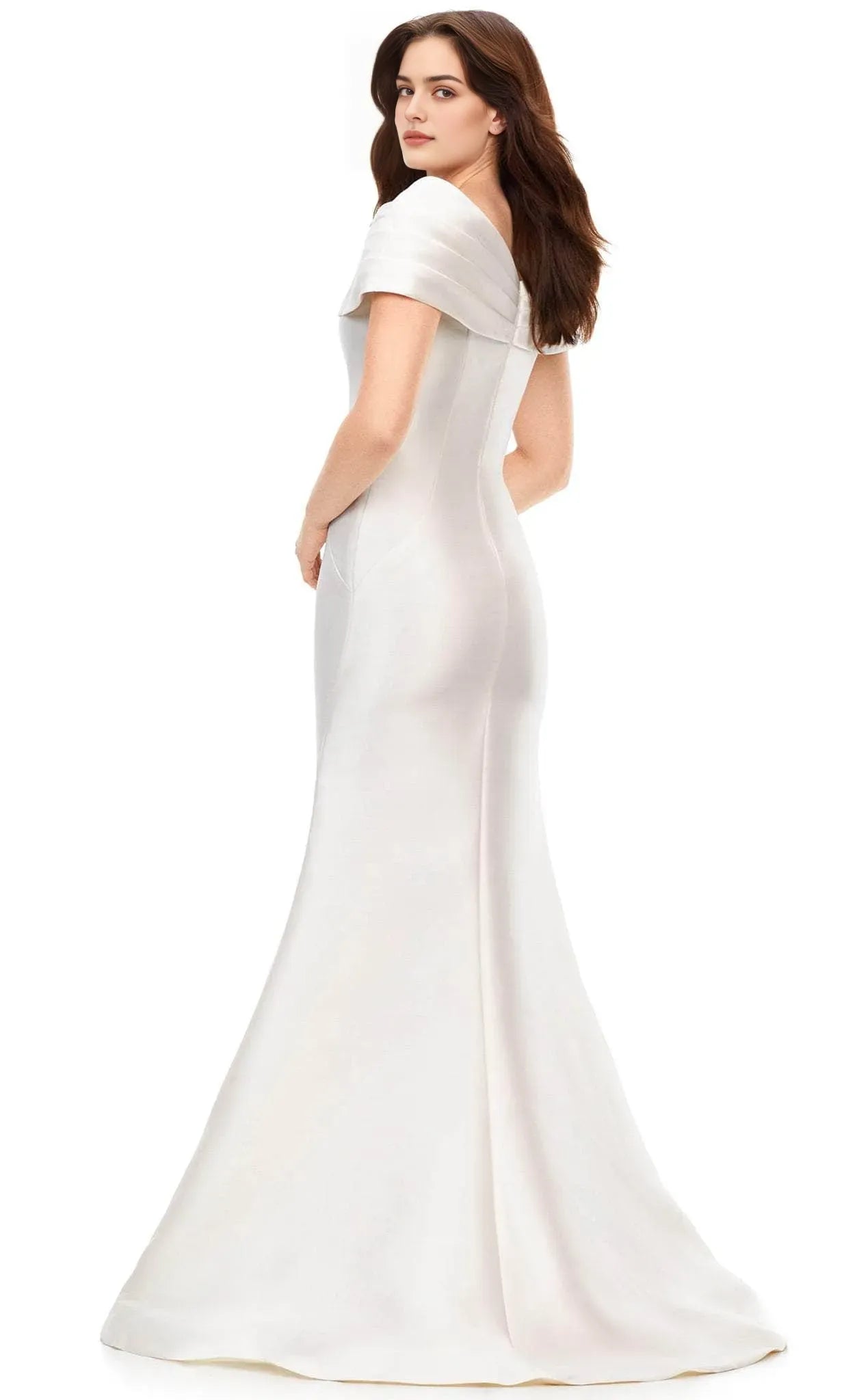Elegant Off - Shoulder White Satin Mermaid Evening Gown with Pleated Neckline Ideal for Formal Galas and Sophisticated