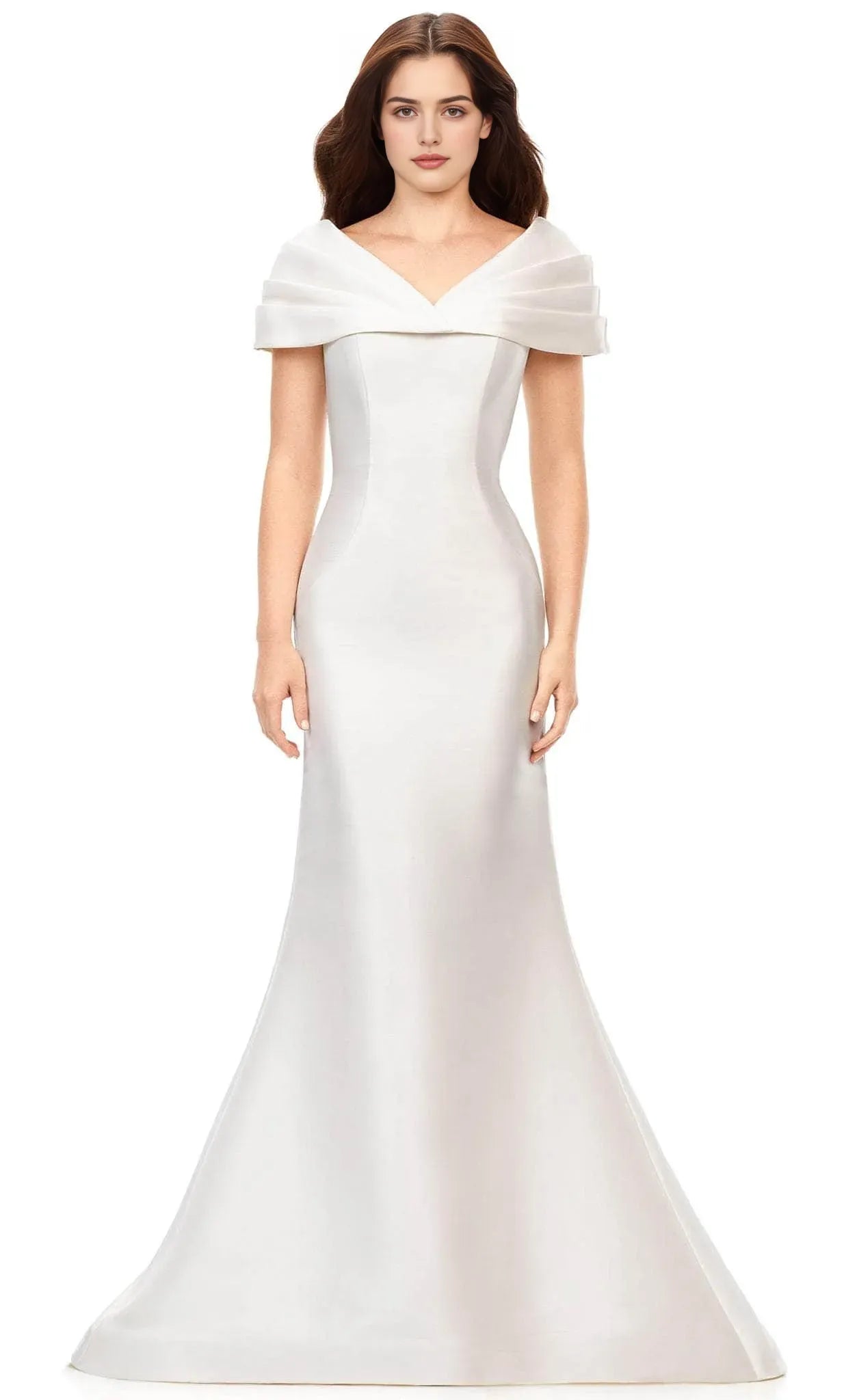 Elegant Off - Shoulder White Satin Mermaid Evening Gown with Pleated Neckline Ideal for Formal Galas and Sophisticated