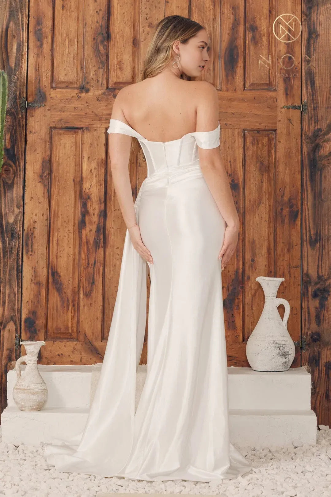 Elegant Off - Shoulder White Satin Prom Dress with Ruched Bodice High Side Slit and Flowing Train