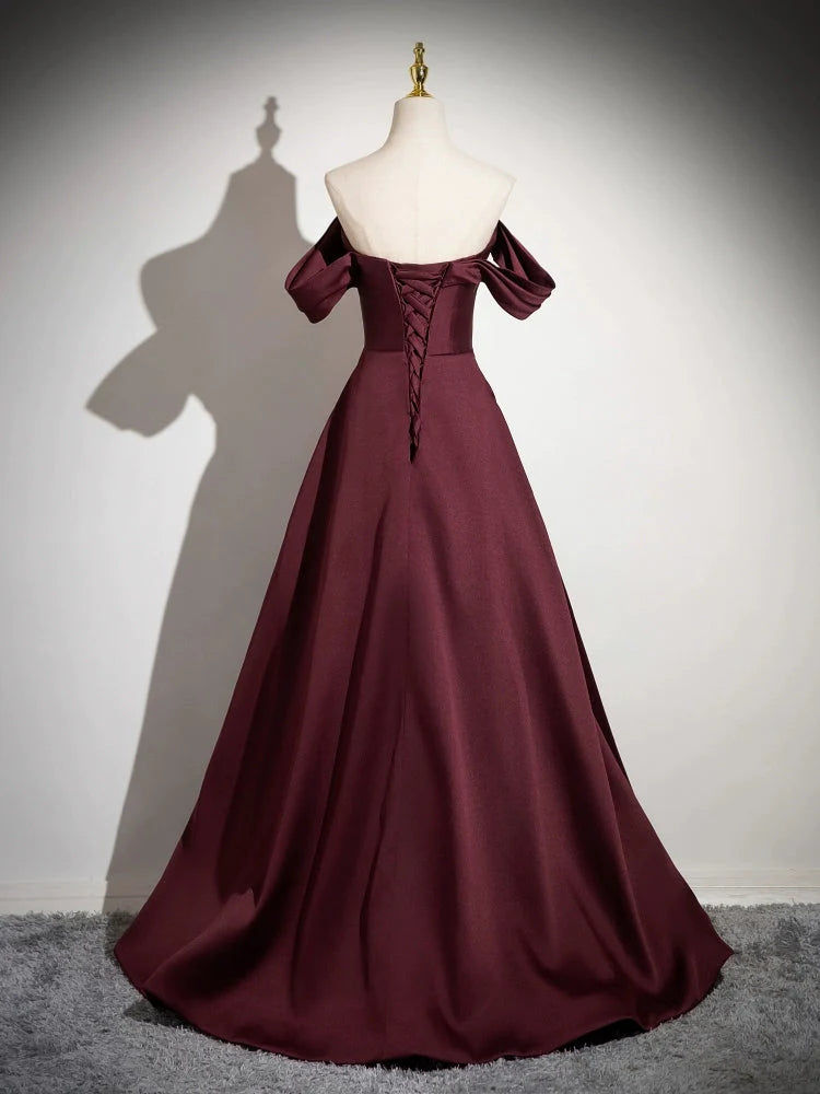 Elegant Off-the-Shoulder Satin Burgundy Floor-Length Evening Dress