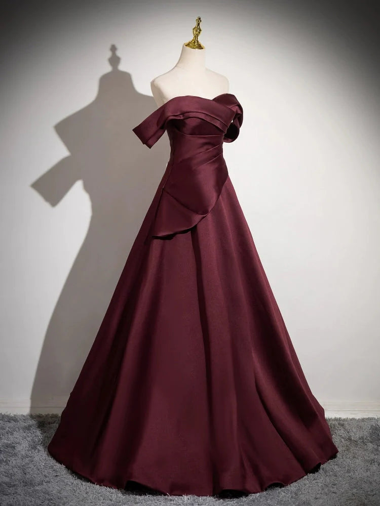 Elegant Off-the-Shoulder Satin Burgundy Floor-Length Evening Dress