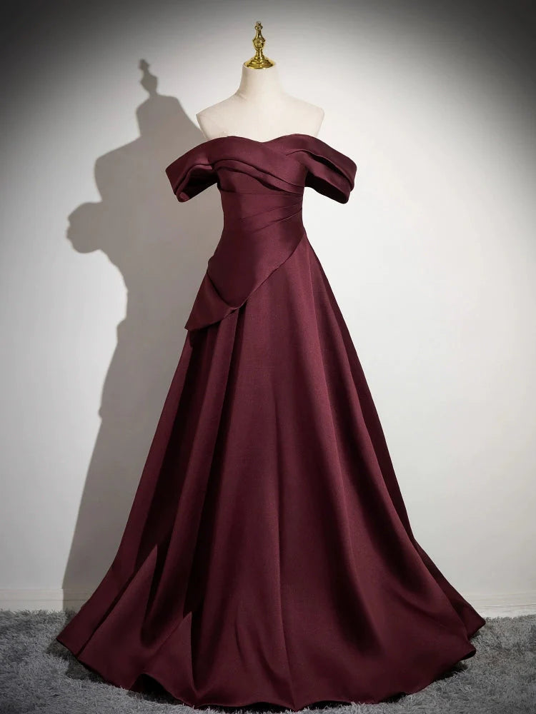 Elegant Off-the-Shoulder Satin Burgundy Floor-Length Evening Dress