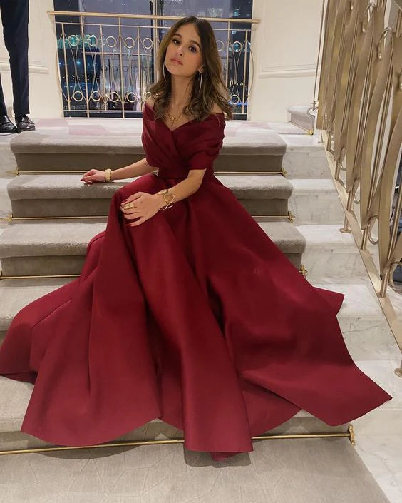 Elegant Off-the-Shoulder Satin Burgundy Floor-Length Evening Dress