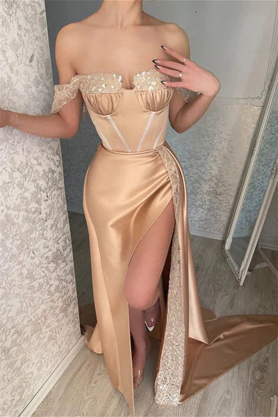 Elegant Off-the-shoulder Sequins Sleeveless Mermaid Evening Dresses With Split