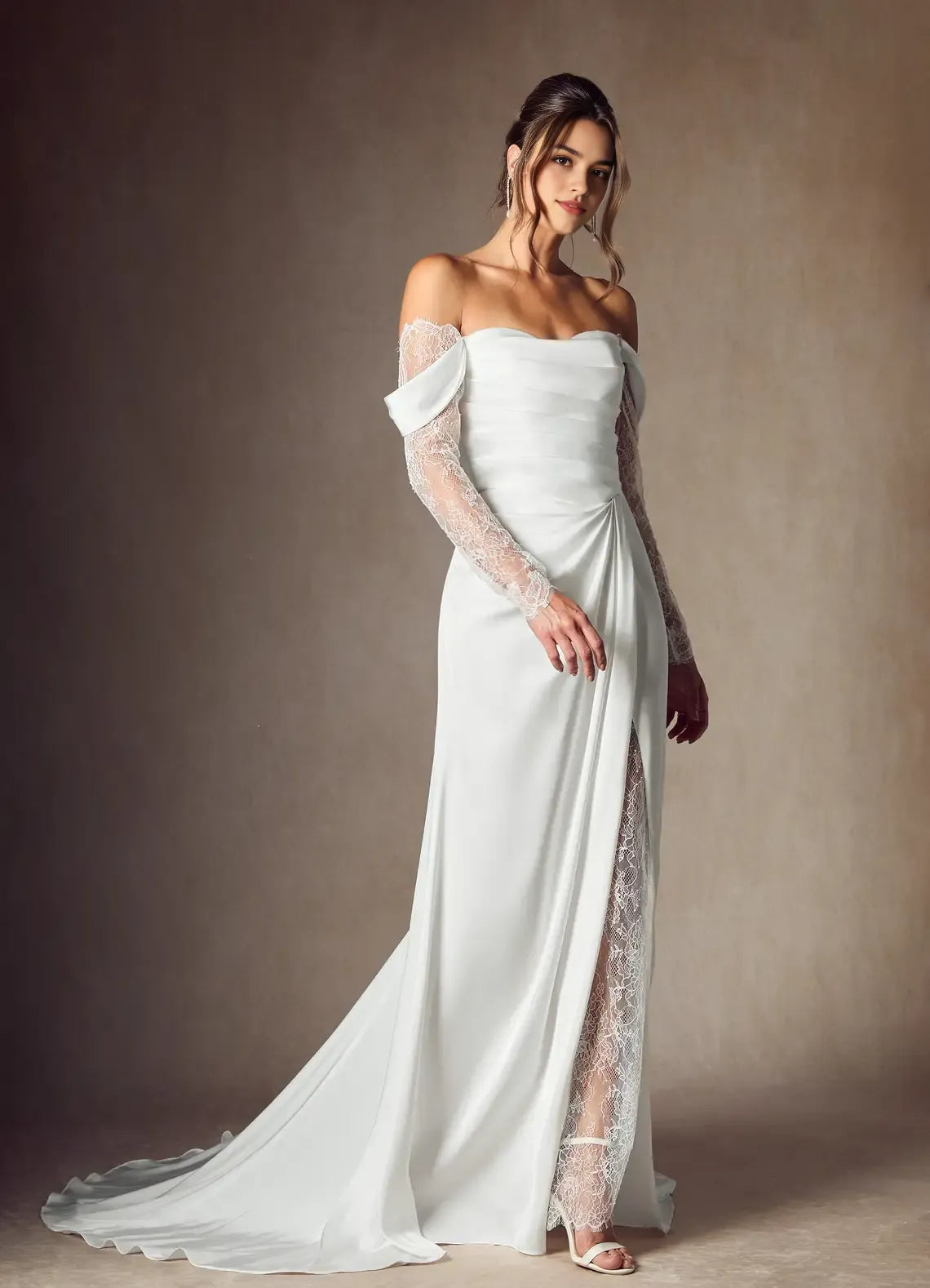Elegant Off Shoulder A-Line Sweetheart Neckline Lace Wedding Dress Satin Wrap Bodice Sheer Lace Sleeves High Slit with Lace Lining Train for Fashion Forward Brides