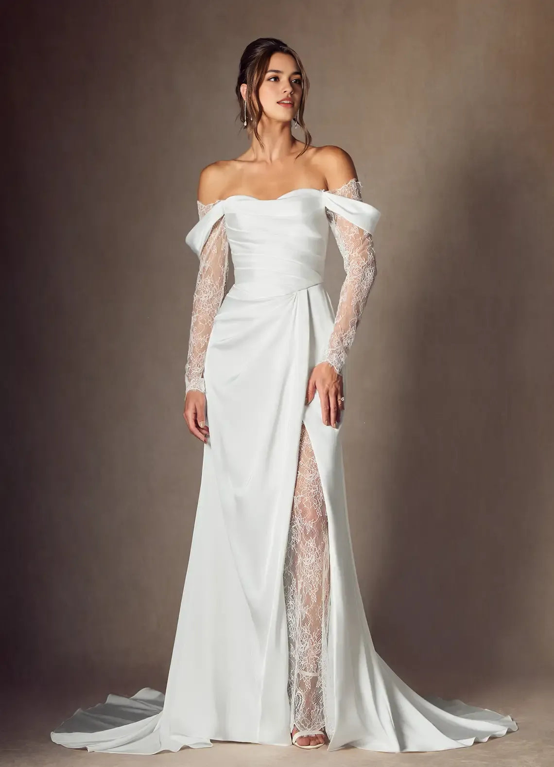 Elegant Off Shoulder A-Line Sweetheart Neckline Lace Wedding Dress Satin Wrap Bodice Sheer Lace Sleeves High Slit with Lace Lining Train for Fashion Forward Brides