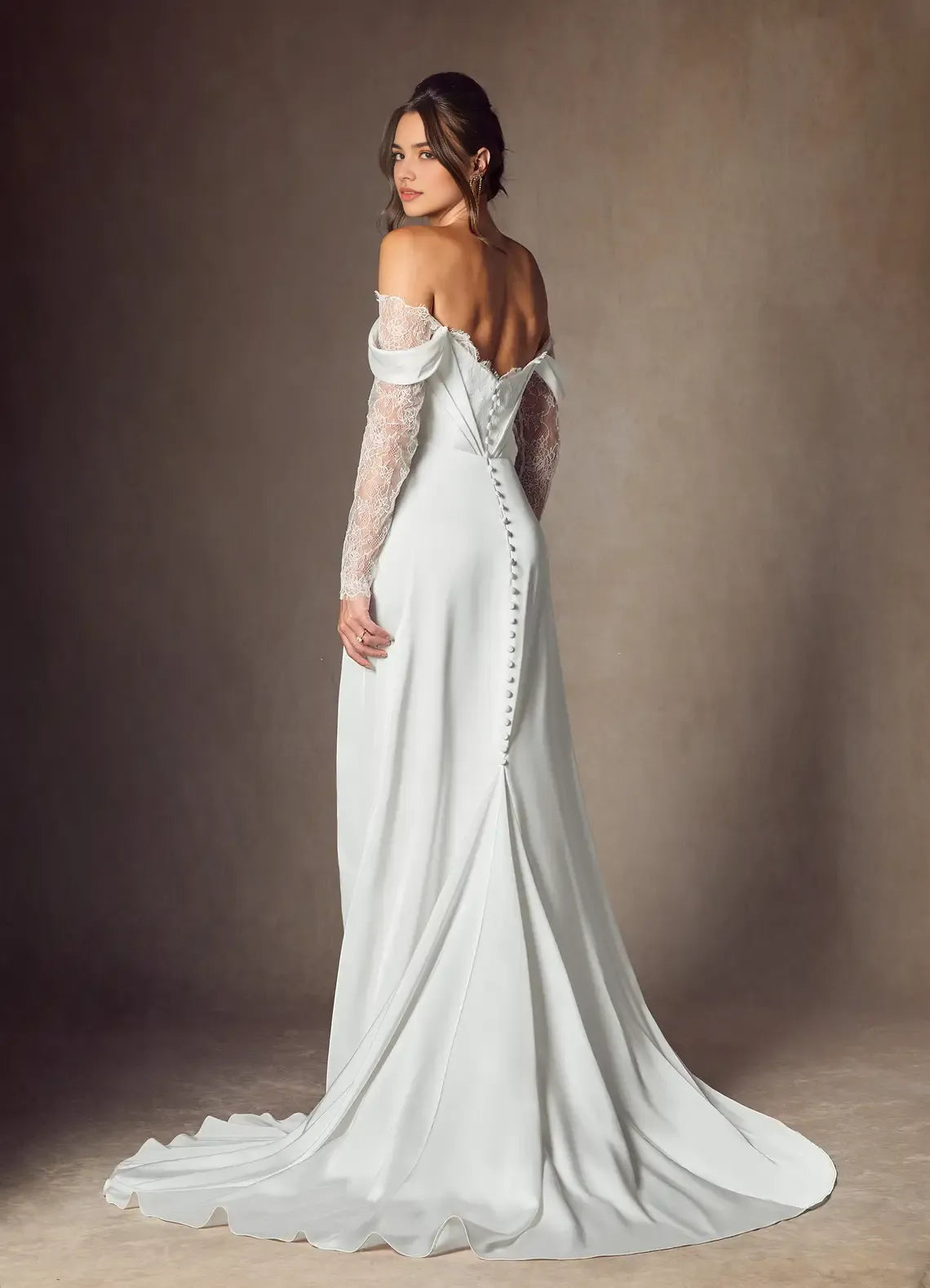 Elegant Off Shoulder A-Line Sweetheart Neckline Lace Wedding Dress Satin Wrap Bodice Sheer Lace Sleeves High Slit with Lace Lining Train for Fashion Forward Brides