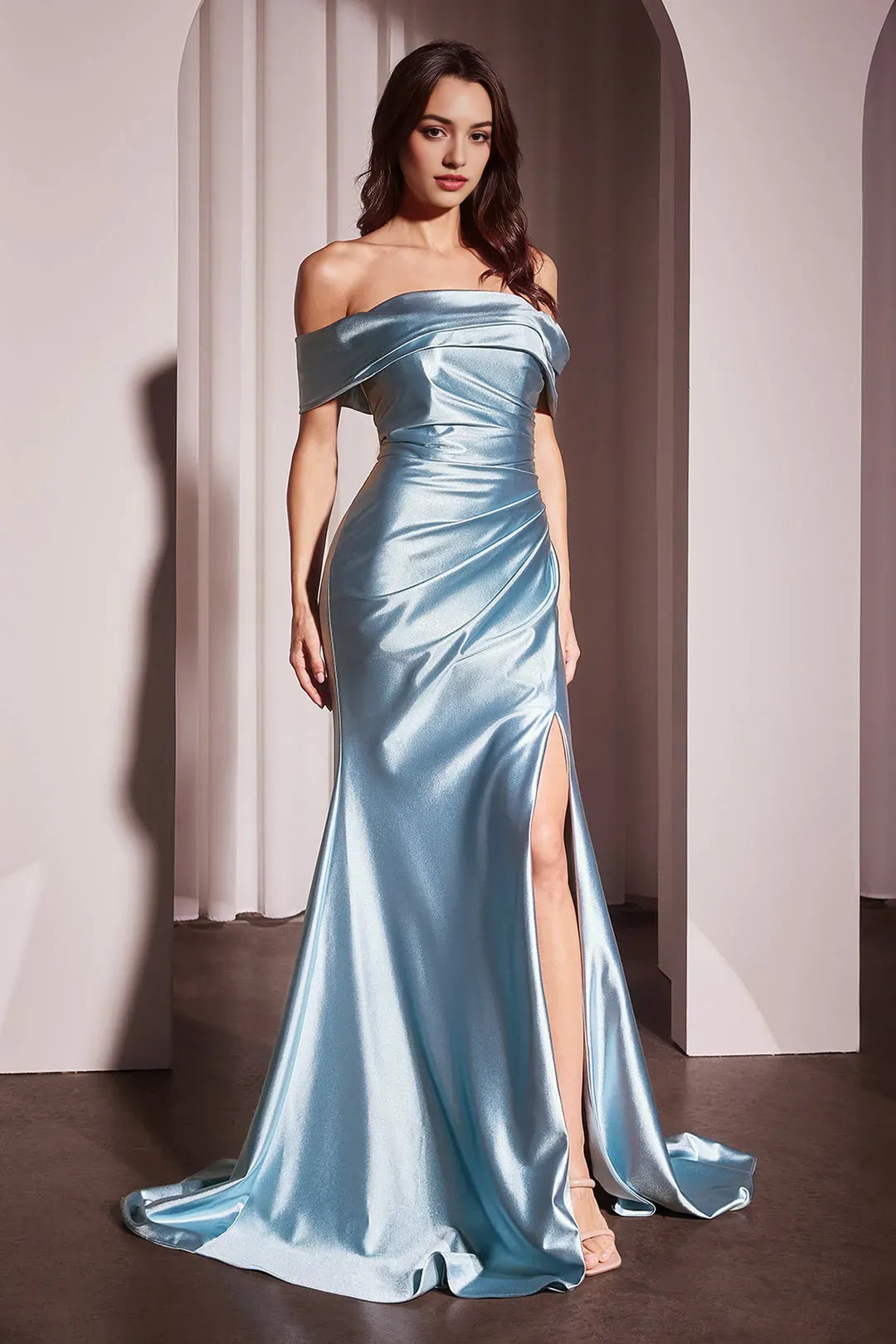 Elegant Off Shoulder Light Blue Satin Mermaid Prom Dress with High Side Slit for Glamorous Evenings